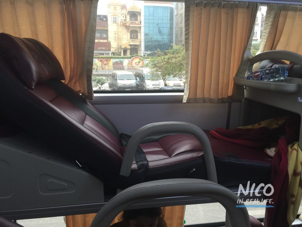Upper deck seat of an overnight bus in Vietnam