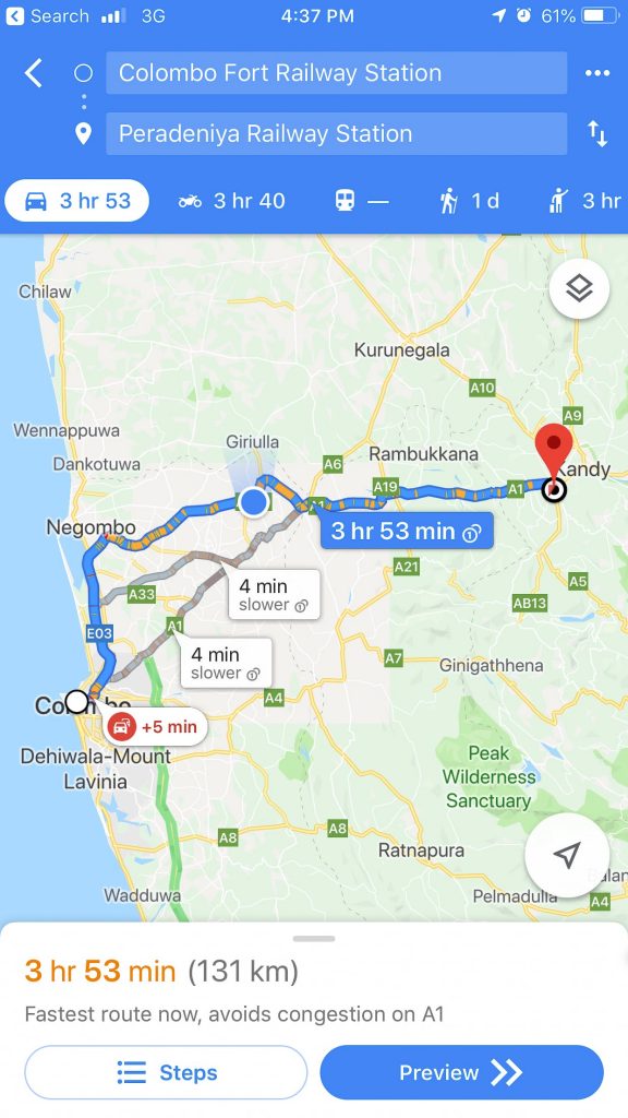 Google Map showing 4 hours to drive from Colombo To Kandy